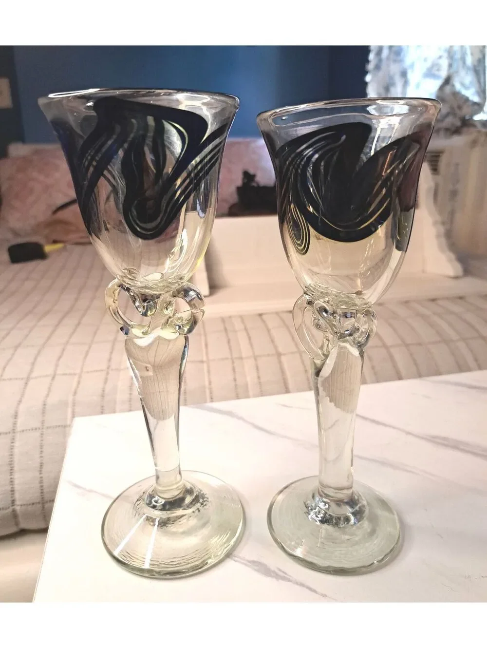Vtg 1976 Set of Robert Doring Signed Hand-Blown Art Glass Candle Holders/Goblets